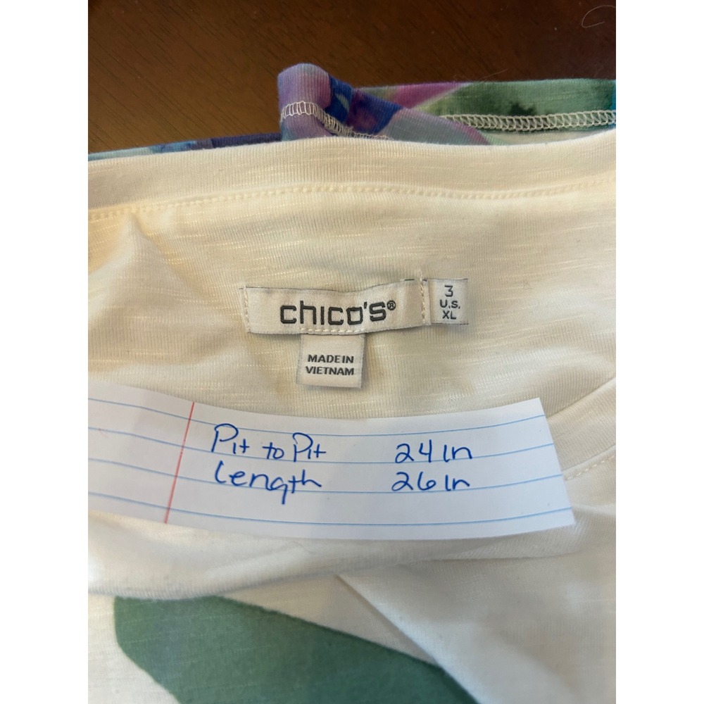 Chico's Size 3 XL White Blue Watercolor Floral Slub Knit Short Sleeve Tee Shirt - Picture 2 of 6
